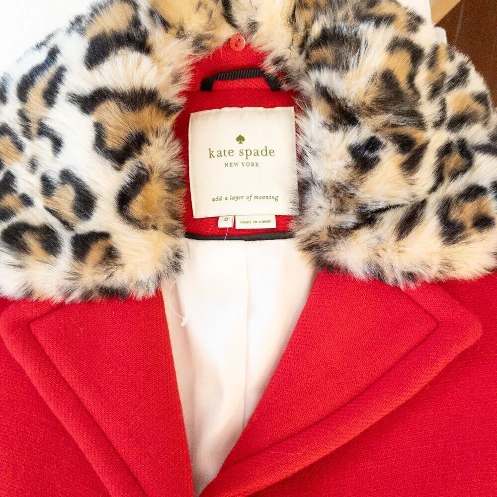 Kate Spade Red Wool Coat Faux Fur Leopard Collar Winter Buttoned Jacket 0